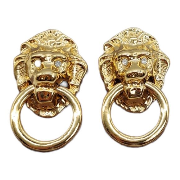 KJL Kenneth J Lane Lion Door Knocker Earrings Rhinestone NOS Avon Vintage 1986 - Picture 6 of 12